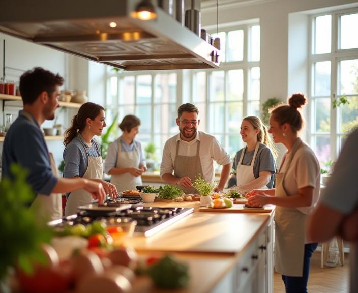 人々が会話を楽しみながら料理をする、明るく広々としたキッチンスタジオでの料理教室の様子